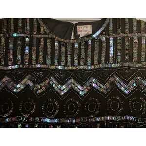 Vintage HASTING & SMITH Sz M Black Iridescent Sequin/Bead‎ Silk Shoulder Pad Top
